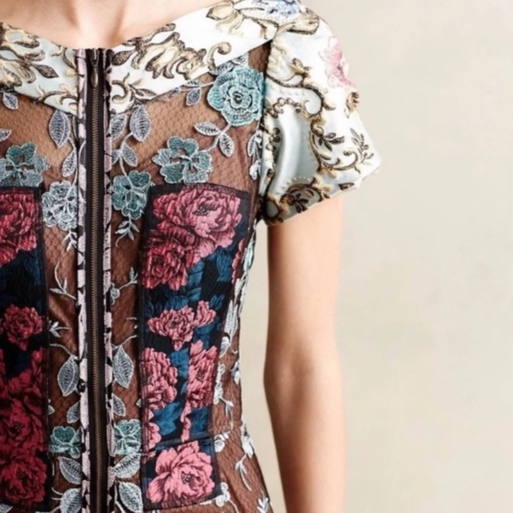 Anthropologie Byron Lars “Beguile” Pieced Brocade Dress Embroidered Floral Sz 2P - Picture 2 of 16